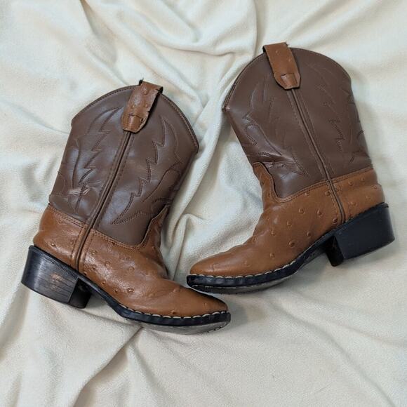 Old West Kids' Cognac Round Toe Faux Ostrich Western Boots Style OR9117 Size 10 - Picture 2 of 7